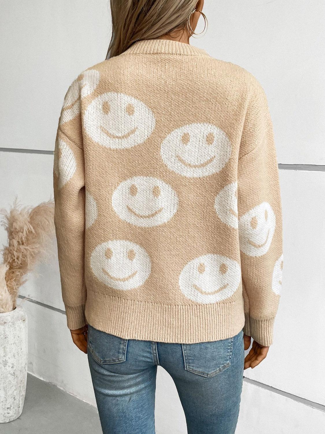 Sweater Smile Pattern Round Neck Long Sleeve Knitwear d2d5bdb6-392b-45b3-beaa-0b846bda2b45-Max Trendsi