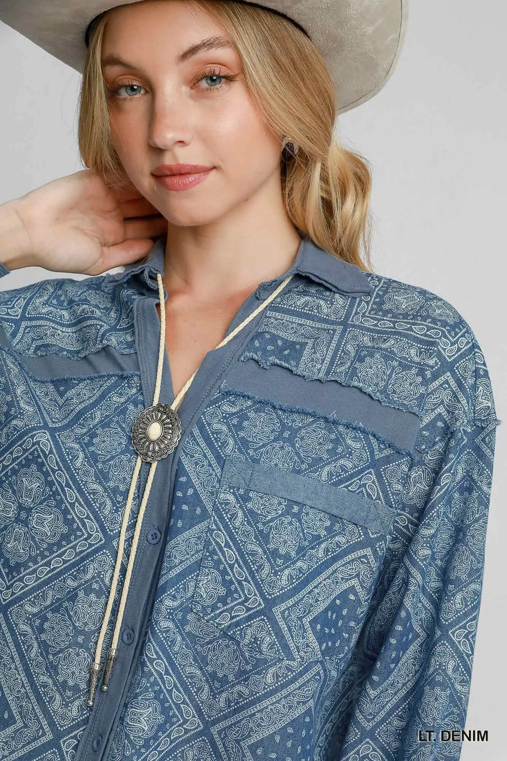 Umgee Women's Denim Jacket Paisley Print Shirt Light Blue Buttoned Oversized d2d73ff6-60de-410c-af67-fdd93719596c-Max-Origin Trendsi