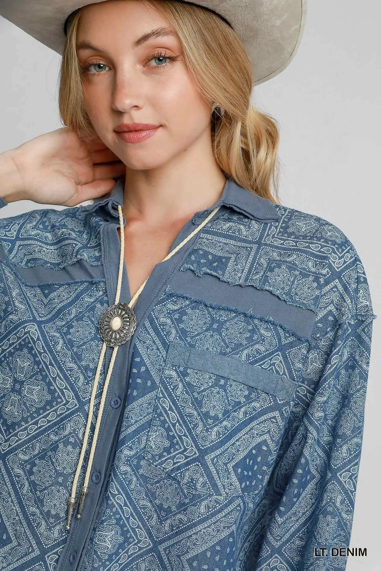 Umgee Women's Denim Jacket Paisley Print Shirt Light Blue Buttoned Oversized d2d73ff6-60de-410c-af67-fdd93719596c-Max-Origin Trendsi