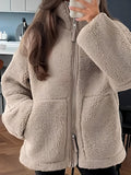 Plush Jacket Women Zip Up Turtleneck Long Sleeve Collared Warm Coat Dust Storm d2e70c12-6753-4e94-84b8-41c38326e332-Max Trendsi
