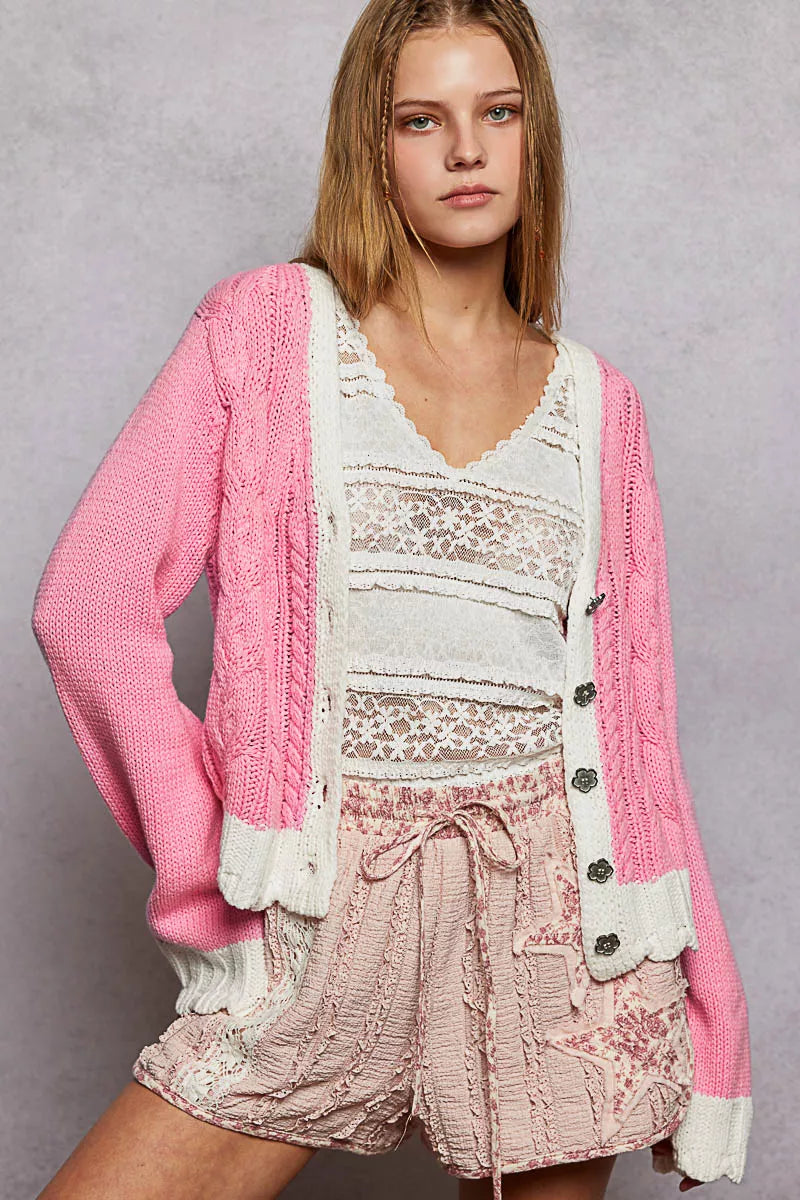POL Womens Cable-Knit Cardigan Pink with Contrast Border Accents Buttoned d2e9a051-121b-4d6a-9f1c-7bac517655ff-Max-Origin Trendsi