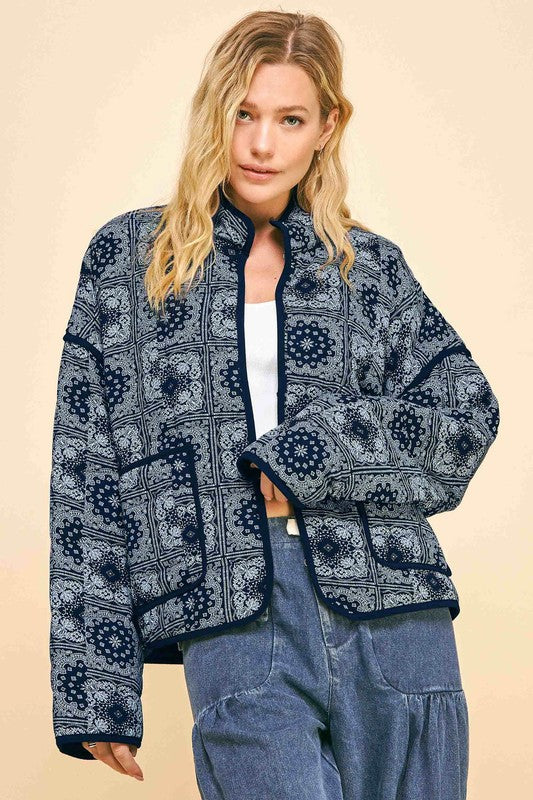 Davi & Dani Women Jacket Floral Plaid Print Open Front with Pockets