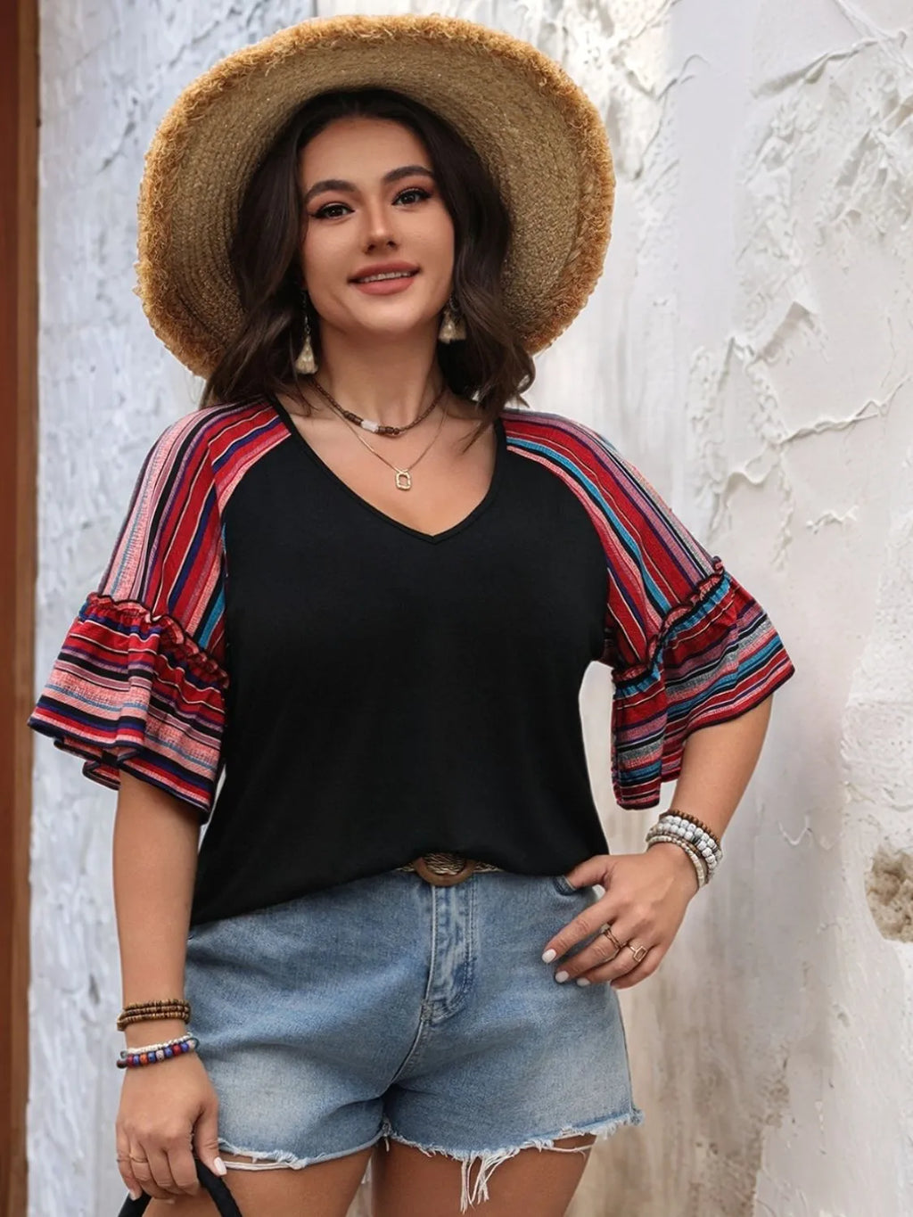 Plus Size V-Neck Top with Flounce Sleeves