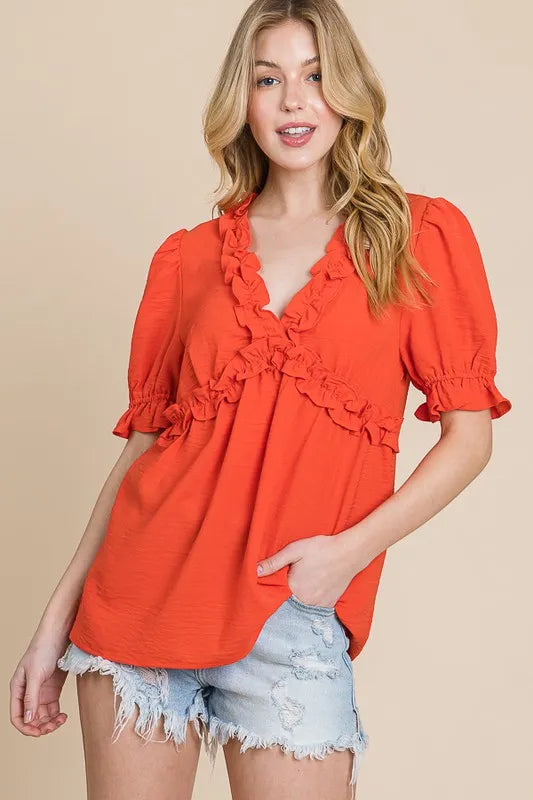 Lime 'N' Chili Babydoll Top Orange Ruffled Deep V-Neck Puff Short Sleeve d30501b136974148b6c4debad5e8637a-Max-Origin Trendsi