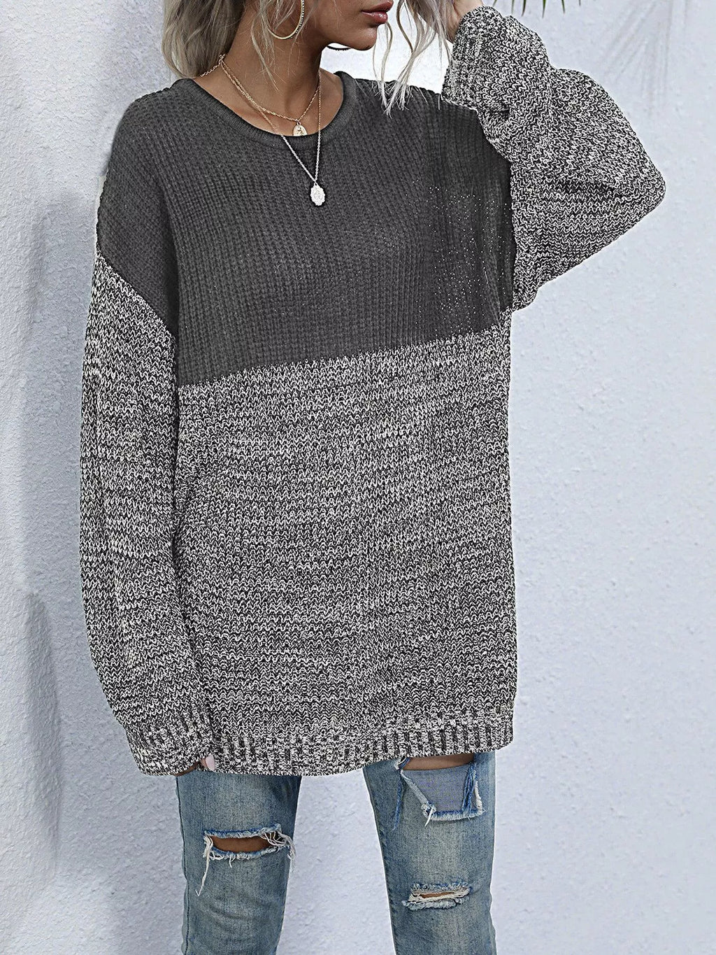 Women's Oversized Sweater Color Block Long Sleeve Knitwear d3060147-6cab-478f-a6ec-7c3fae564cef-Max-Origin Trendsi
