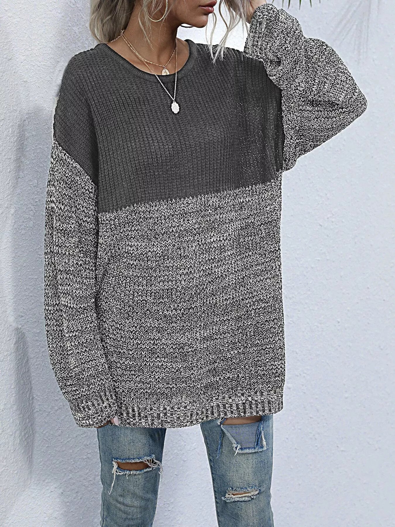 Women's Oversized Sweater Color Block Long Sleeve Knitwear d3060147-6cab-478f-a6ec-7c3fae564cef-Max-Origin Trendsi