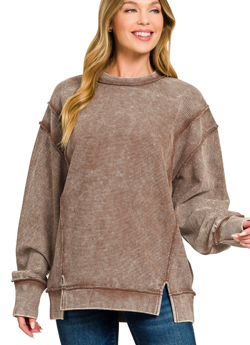 Zenana Acid Washed Double Ribbed Exposed-Seam Sweatshirt