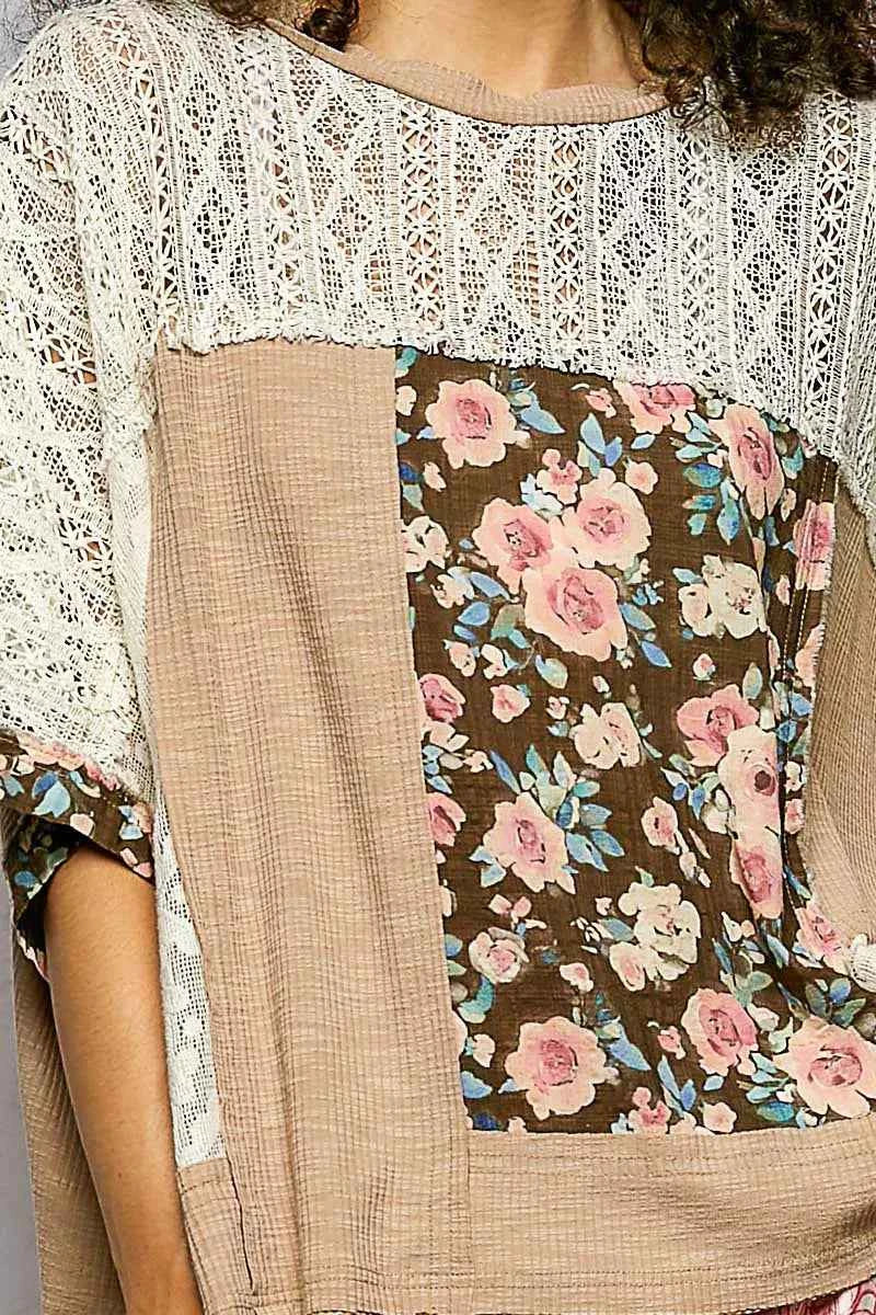 POL Floral Blouse Taupe Patchwork Lace Accent Top d316857f-6a07-4b2f-8c5a-747313ec9446-Max-Origin Trendsi