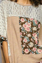 POL Floral Blouse Taupe Patchwork Lace Accent Top d316857f-6a07-4b2f-8c5a-747313ec9446-Max-Origin Trendsi