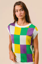 BiBi Womens Sweater Knit Top Mardi Gras Checker Pattern Sleeveless d31b3e194e9f4d1c9867e7dab38355cc-Max-Origin Trendsi