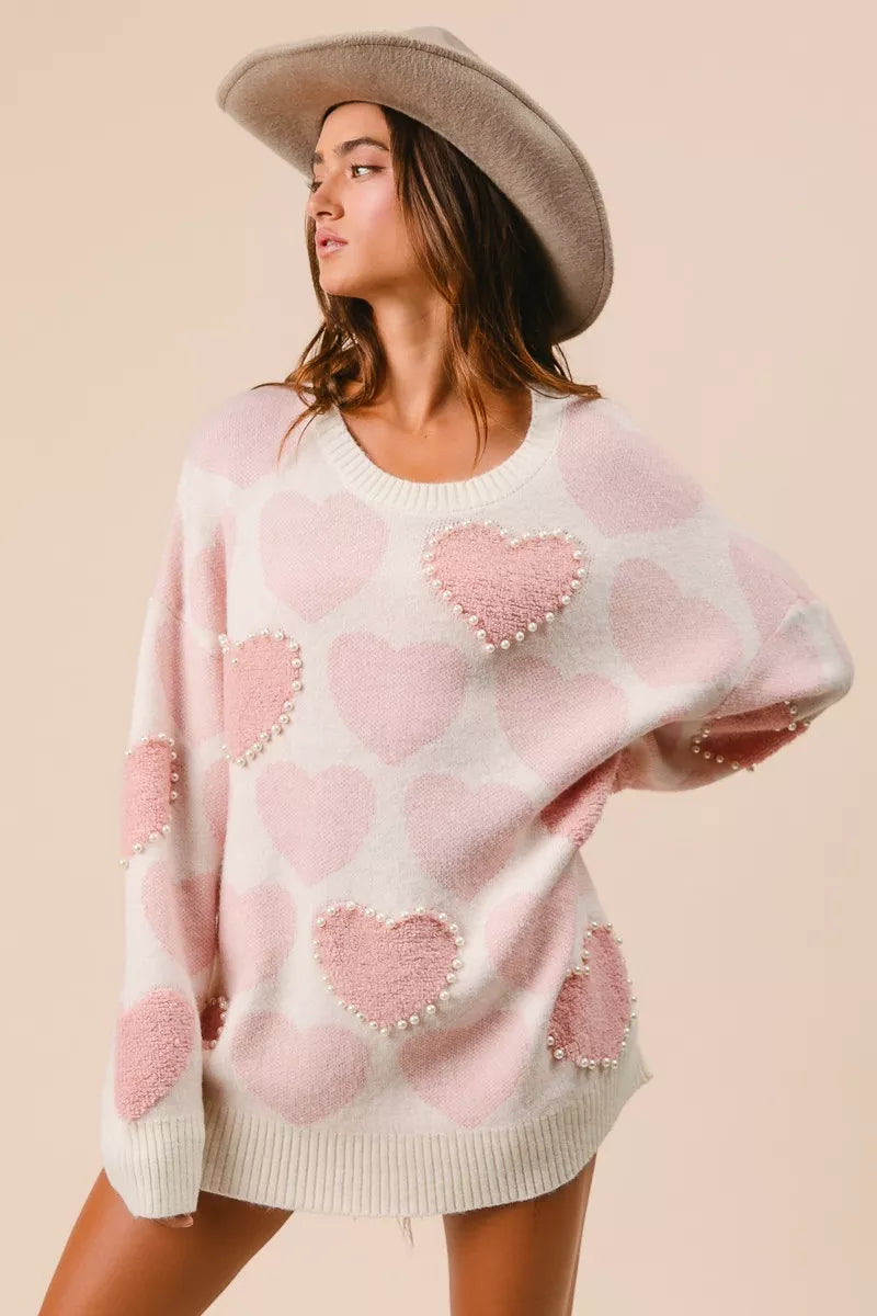 BiBi Womens Sweater Light Pink Heart Pattern with Pearl Detail d3251e19bcfe4216aca7375aee8d6881-Max-Origin Trendsi