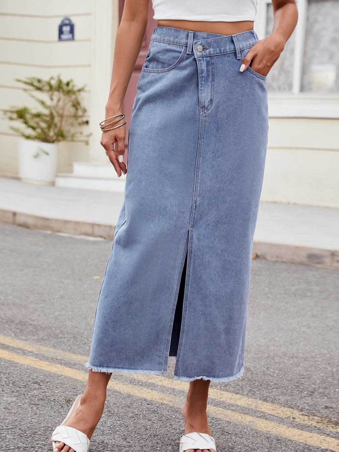 Denim Skirt Front Slit Asymmetrical High Waist Midi Jeans Skirts d3271bd6-a735-4ec0-848d-d780f8779f06-Max Trendsi