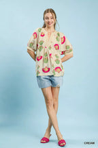 Umgee Blouse Cream Multi Abstract Print Top with Ruched Detail d3370adb-2345-4012-a5a5-666d6d2e9079-Max-Origin Trendsi