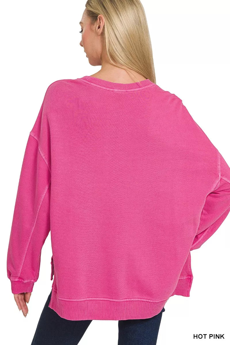 Zenana Womens Sweatshirt Hot Pink French Terry Pigment Dye & Enzyme Wash