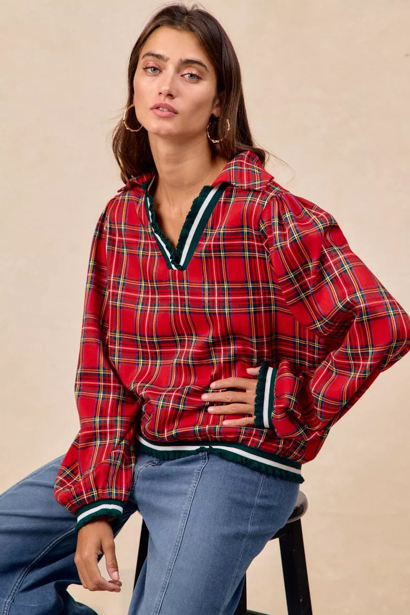 BiBi Christmas Womens Blouse Red Plaid Collared Top with Ruffled Detail d340751fa8574ee3a8de6ca6b897d8bd-Max-Origin Trendsi