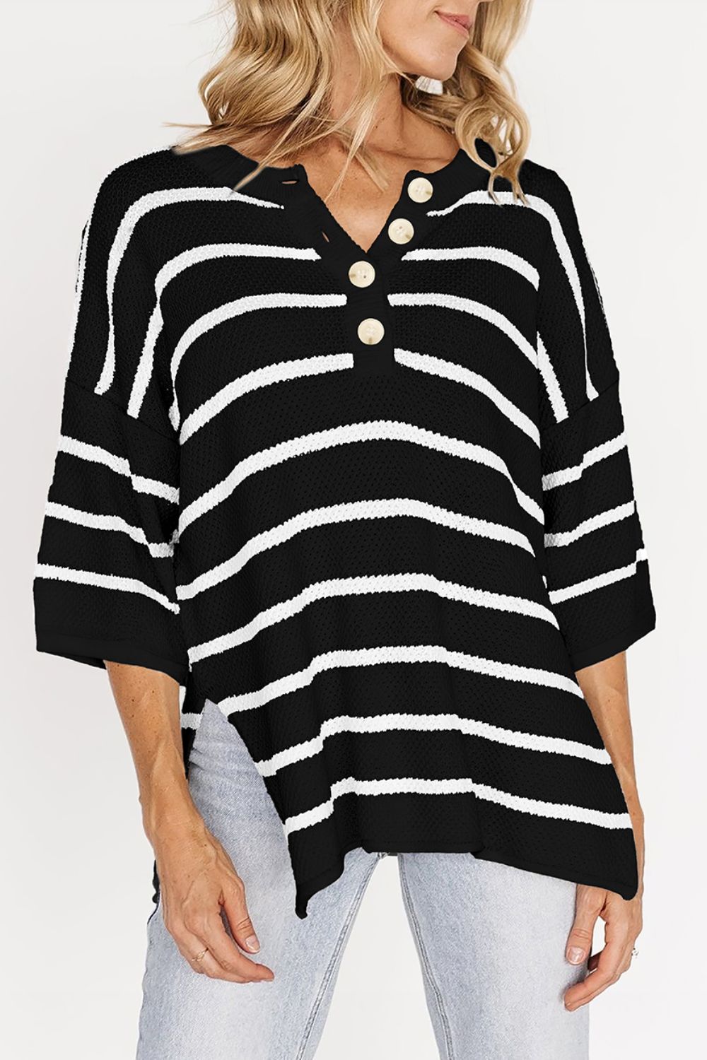 Stripe Knit Top Women's Collared Button Drop Shoulder Side Slit Long Sleeve Black d341913b-25bb-437f-8a9b-8ee12bb25c6f-Max Trendsi