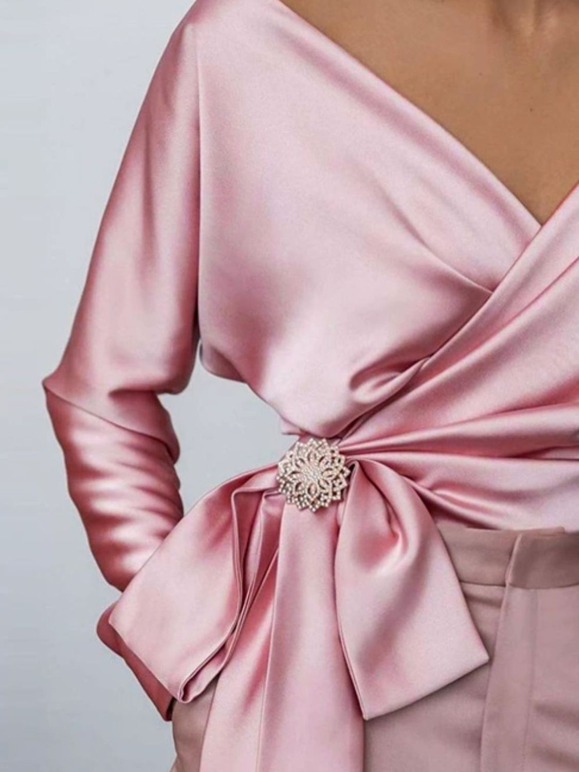 Women's Satin Blouse Surplice Cold Shoulder Long Sleeve Bow Tied Top d345c884-b702-4264-8bfe-b4a0393fb4cc-Max Trendsi