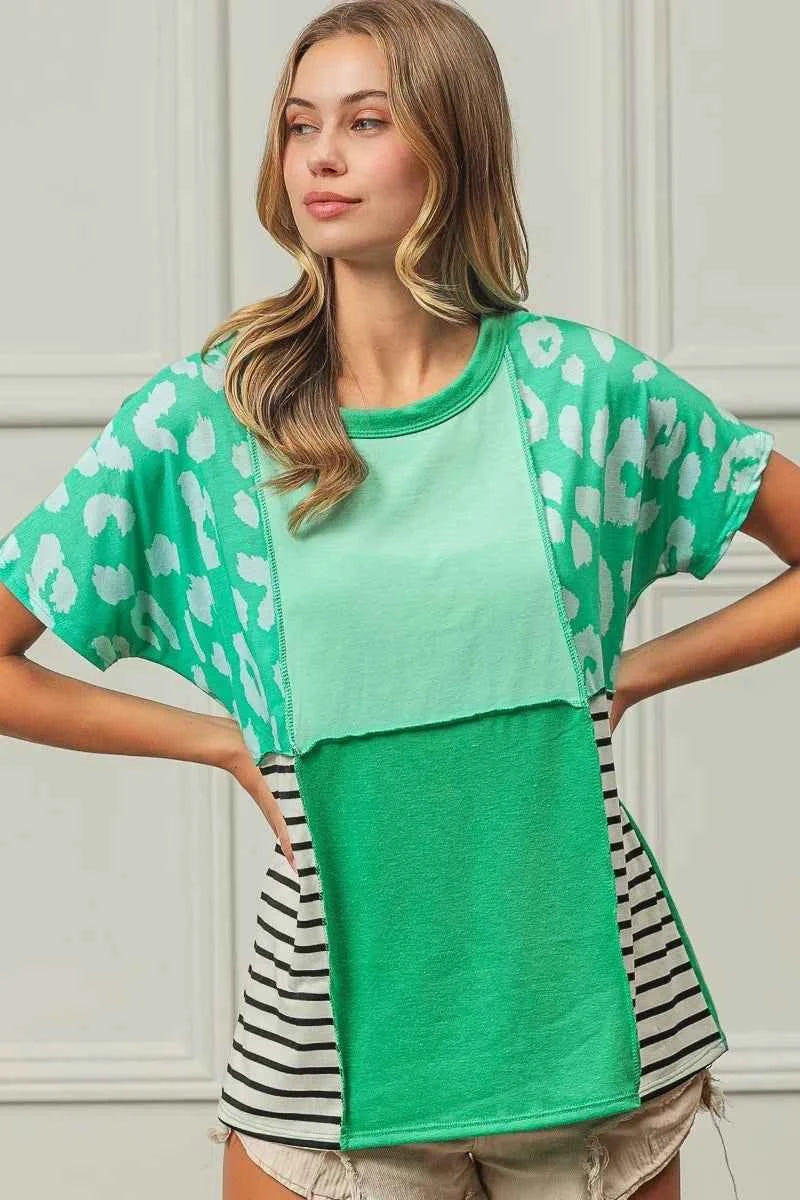BiBi Leopard and Stripe Color Block Top With Exposed Seam