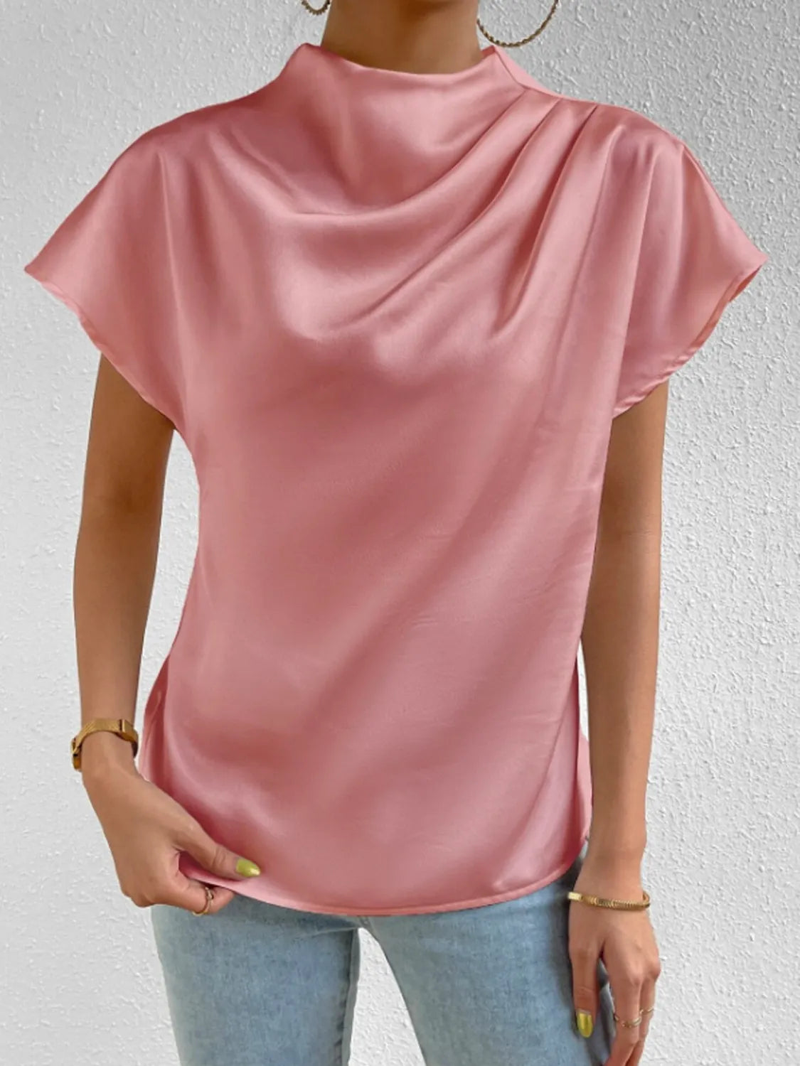 Satin Blouse Mock Neck Pleated Short Sleeve Basic Style Top d366f156-fbec-471e-9551-d0b1ad660806-Max-Origin Trendsi
