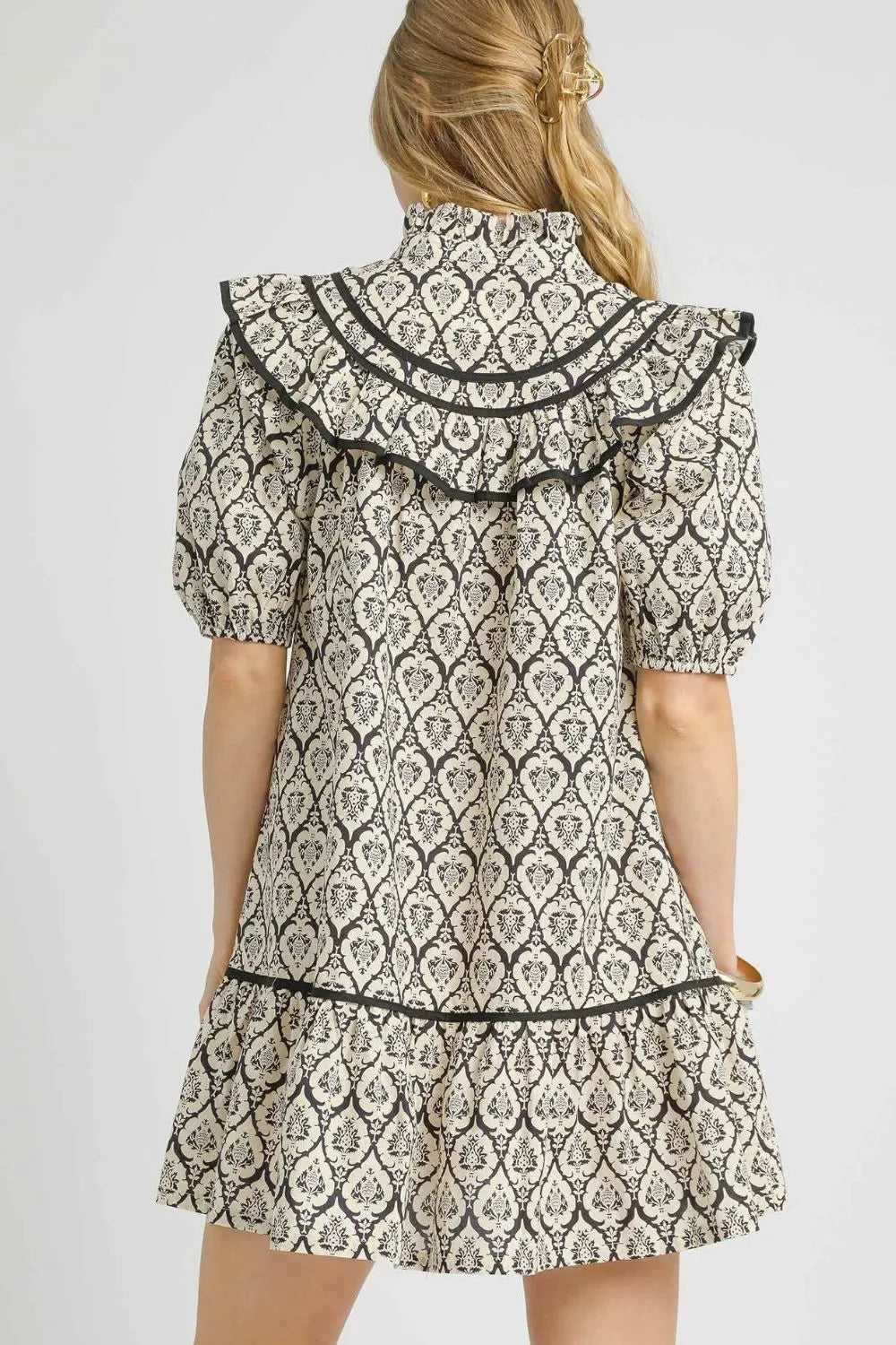 Umgee Cotton Mini Dress Black Ruffled Paisley Printed Puff Short Sleeve d37107ba-3208-4faf-9490-d8bcd73354bd-Max-Origin Trendsi