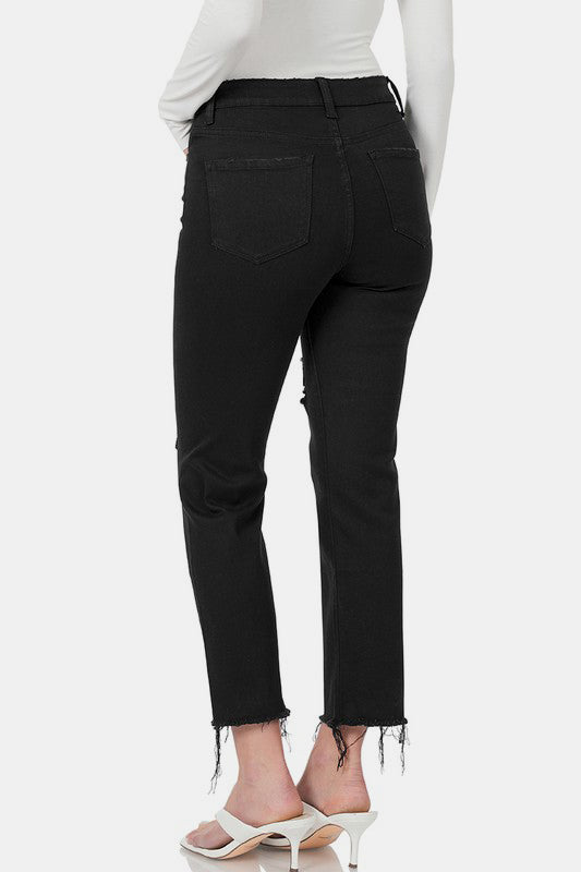 Zenana Black Women Cropped Jeans Distressed Raw Hem Slim Denim Pants