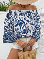 Off-Shoulder Floral Blouse Smocked Printed Navy Blue Top Navy d3780b30-49cd-4adc-aaaa-df177bf6212c-Max-Origin Trendsi