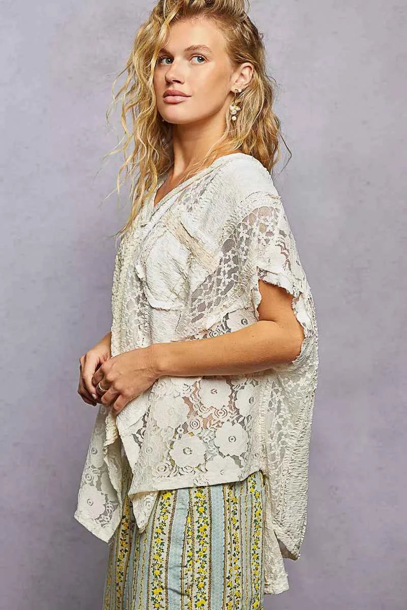 POL Asymmetrical V-Neck Short Sleeve Lace Top