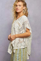 POL Asymmetrical V-Neck Short Sleeve Lace Top