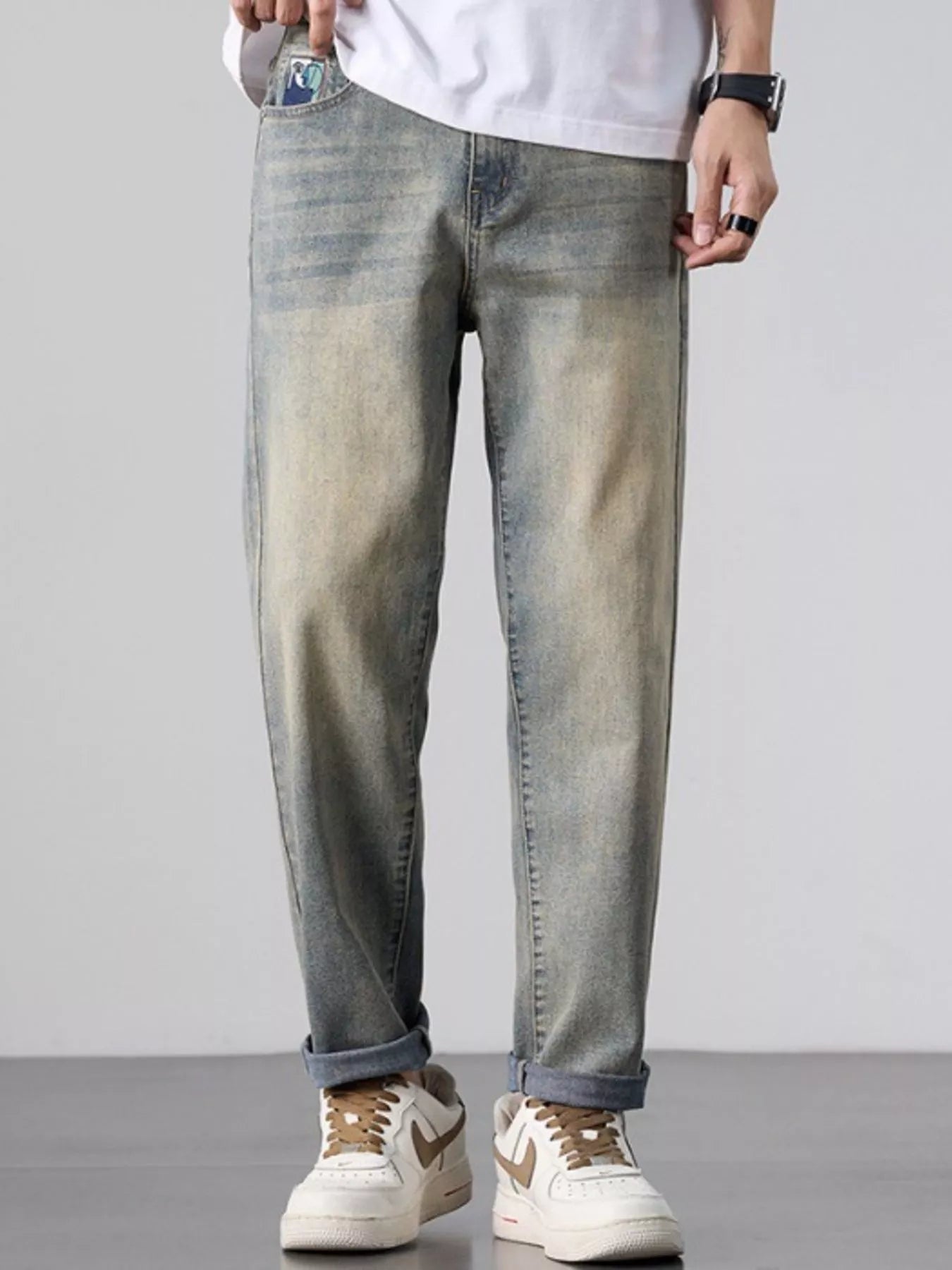 Men's Jeans Straight Leg Blue Gary Wash Denim Pants Nostalgic Blue