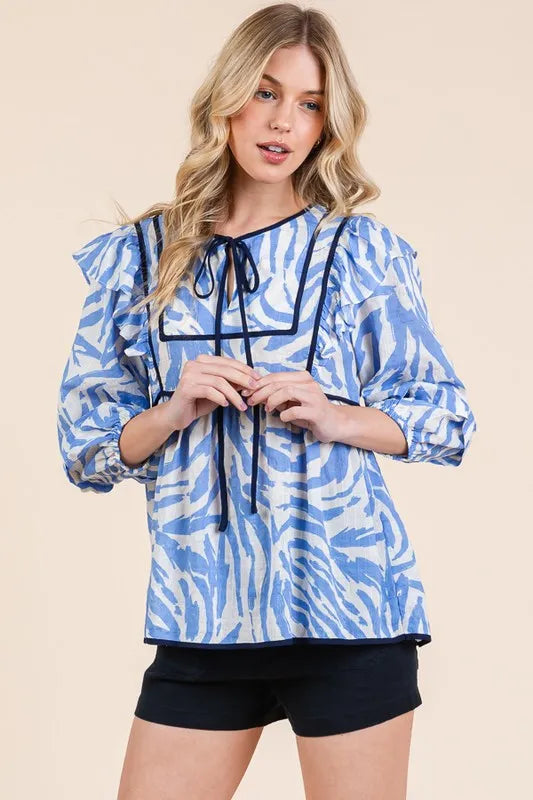 Lime 'N' Chili Blouse Blue Graphic Print Solid Trim Quarter Sleeve Tiered d380c05d258b4f599a4a9ec554f263e9-Max-Origin Trendsi