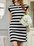 Casual Striped T-Shirt Dress with Cap Sleeves