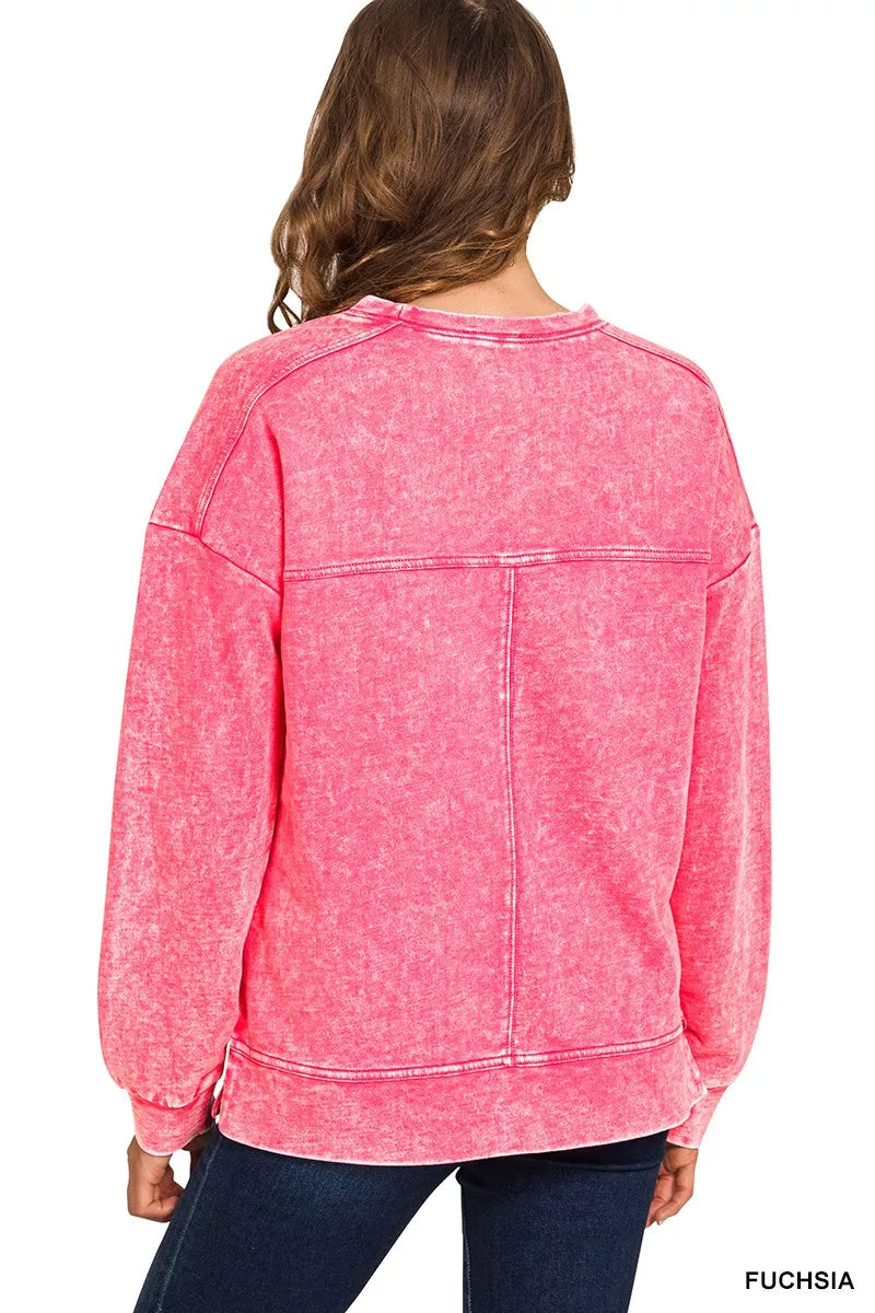 Zenana Pullover Fucshia Pink Acid Wash French Terry Exposed-Seam Top d3854ce58cf545da99cf70748f938629-Max-Origin Trendsi