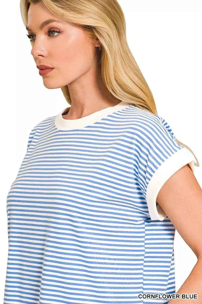 Zenana Striped T-Shirt Blue Round Neck Short Sleeve Contrast Trim Top d3858c9864d14a1fad990c595248abdc-Max-Origin Trendsi