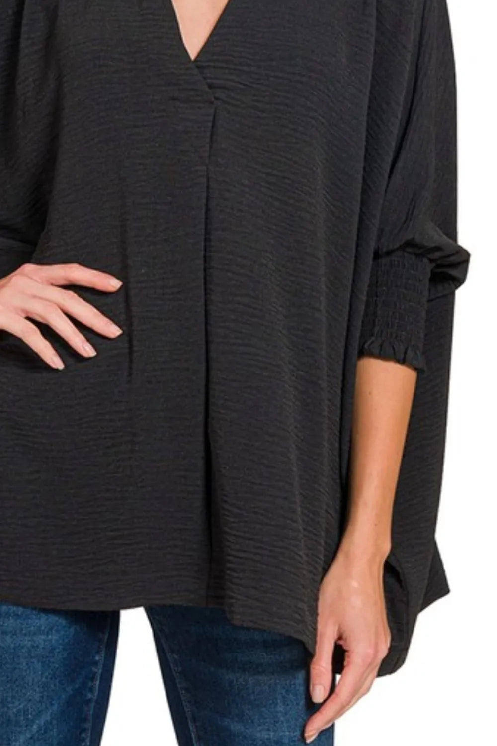 Zenana Top Collared Black Airflow with Smocked Sleeve Band Blouse d38cdb91-7c64-4ee5-b857-ea815884d692-Max-Origin Trendsi