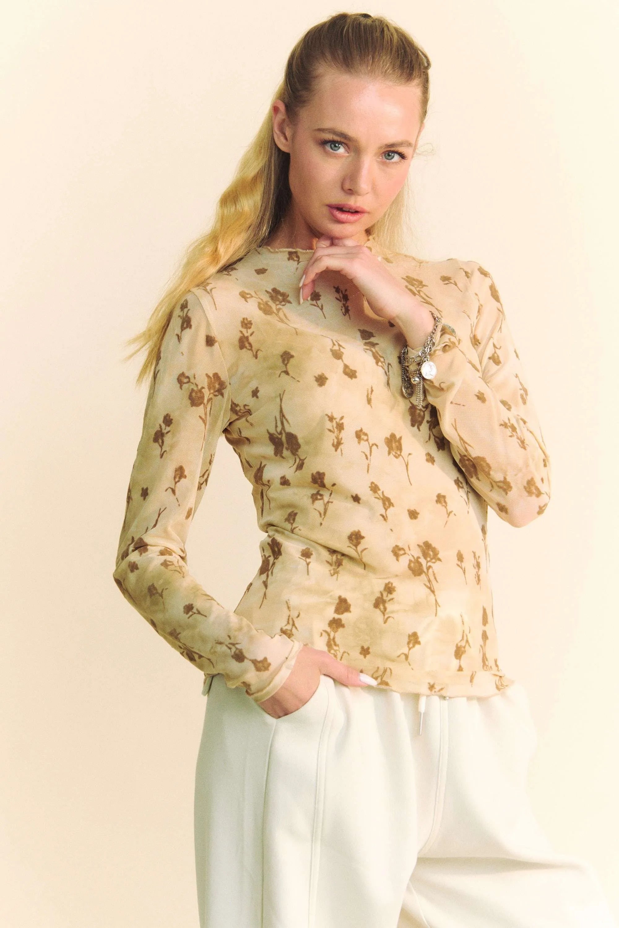 Davi & Dani Floral Mesh Top Long Sleeve Sheer Layering Blouse CREAM LATTE d3a0dd0ef7fc46aea98ab1ab42441383-Max-Origin Trendsi