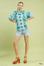 Umgee Womens Blouse Teal Floral Smocked Notched Puff Short Sleeve Top d3a1b435-ed61-43e1-8433-6e6462731d4f-Max-Origin Trendsi