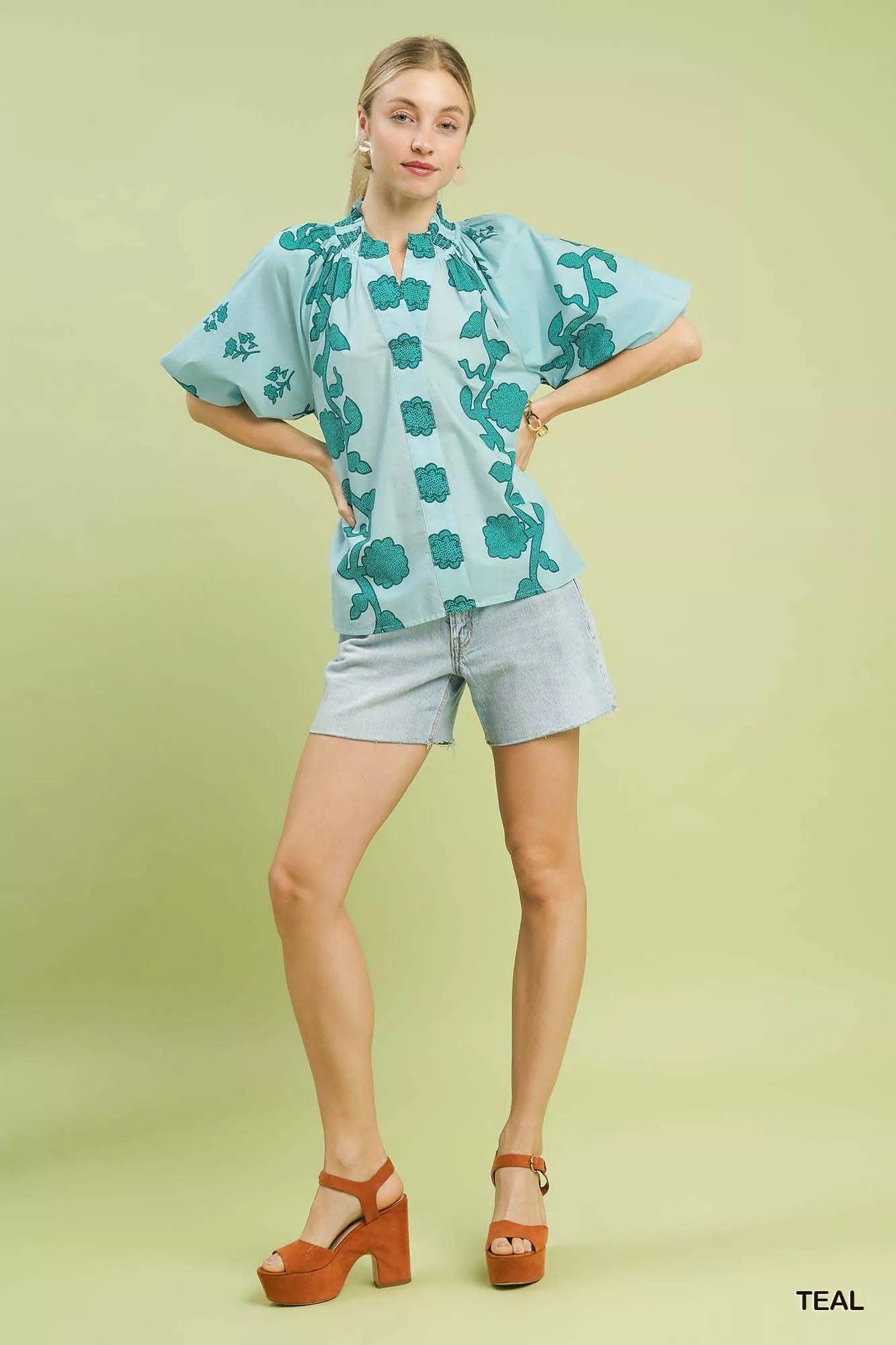 Umgee Womens Blouse Teal Floral Smocked Notched Puff Short Sleeve Top d3a1b435-ed61-43e1-8433-6e6462731d4f-Max-Origin Trendsi
