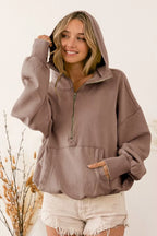 BiBi Womens Fleece Hoodie Mocha Stitch Detailed Elastic Hem Half Zip d3a2ace74a2f48f087cec1cd7672881a-Max-Origin Trendsi