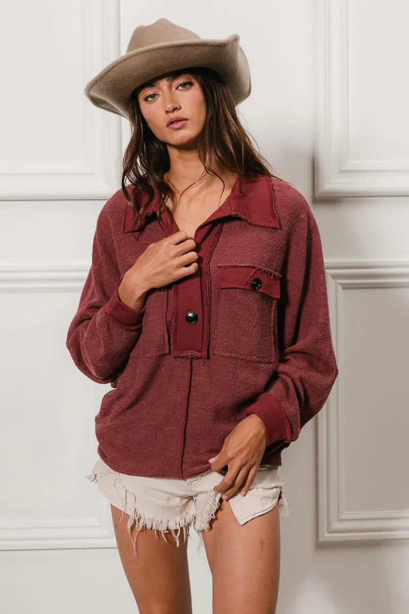 BiBi Women's Collared Top Cp French Terry Cut Edge Detail Pocketed d3a56b90517441119972169f5a5aaf22-Max-Origin Trendsi