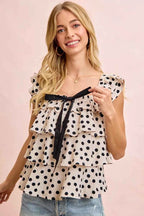 BiBi Polka Dot Ruffled Bow Tied Square Neck Sleeveless Top