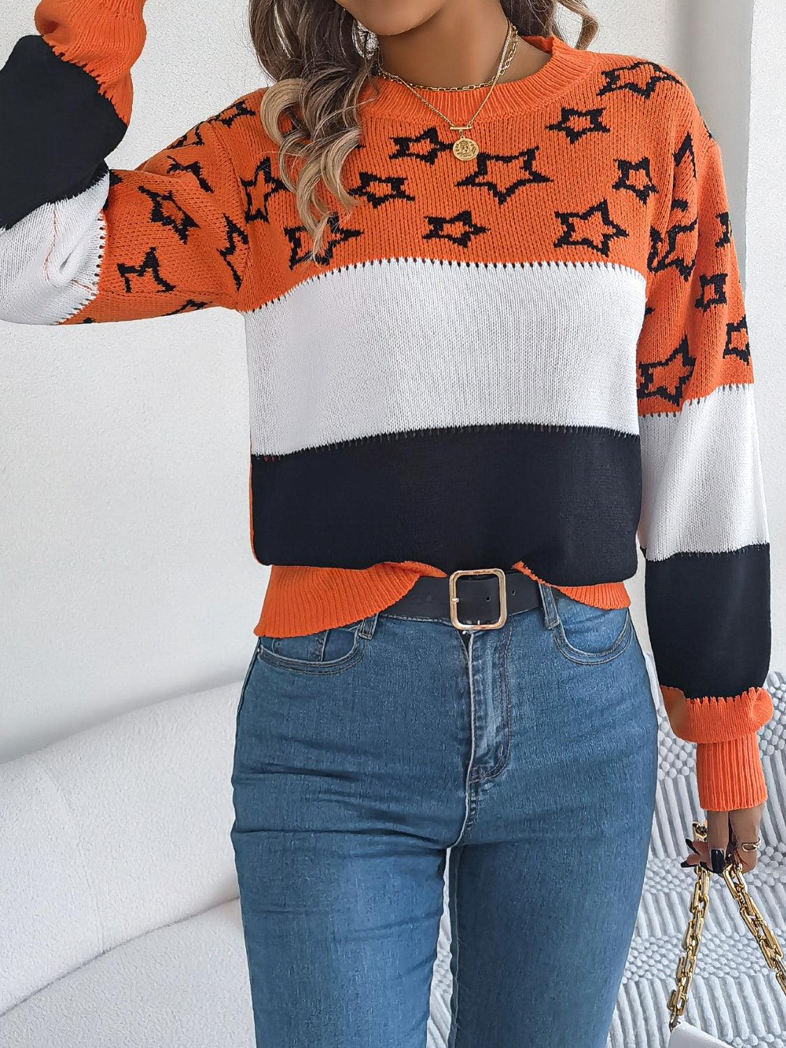 Sweater Star Contrast Round Neck Long Sleeve Knitwear d3ad1148-1fe3-4397-861f-7e26d1bd698b-Max Trendsi