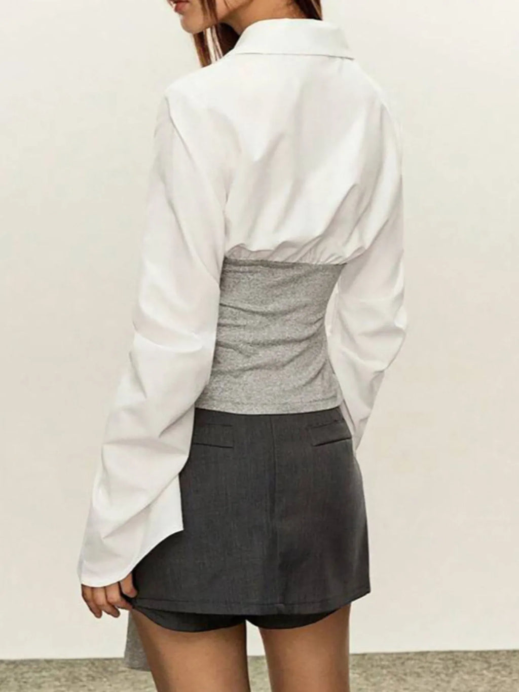 Women's Blouse White Collared Gray Tie Waist Long Sleeve d3af18e8-5bfb-4502-bb63-855044cccdcf-Max-Origin Trendsi