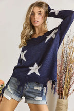 ADORA Knit Top Distressed Star Navy Raw Hem Fringe Long Sleeve d3b3546509d343fd86d01a4a03aefa55-Max-Origin Trendsi
