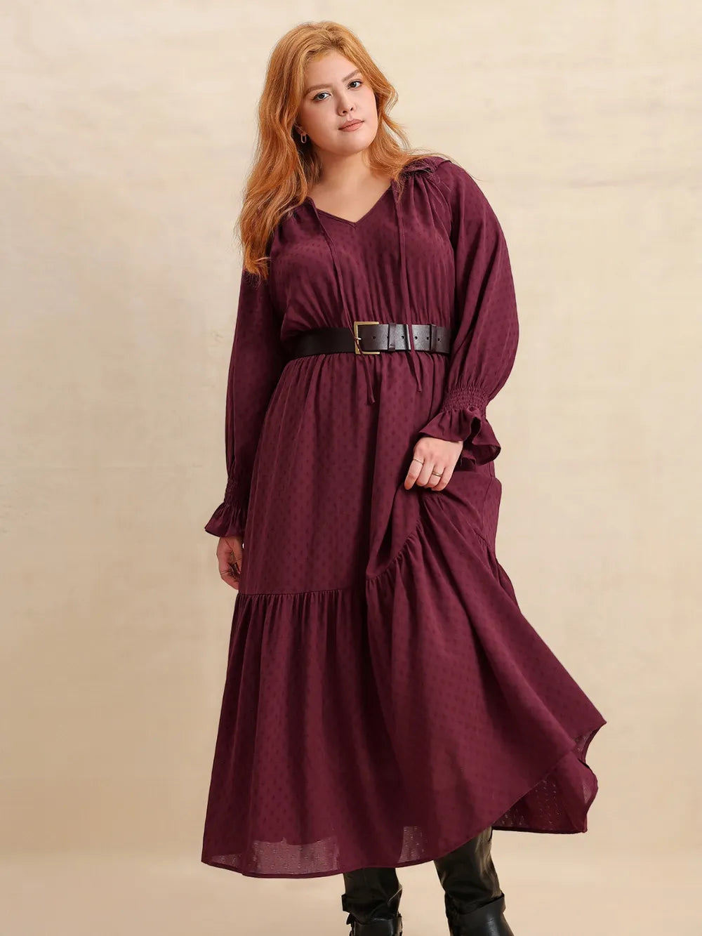 Plus Size Swiss Dot Tie Neck Maxi Dress with Flounce Sleeves