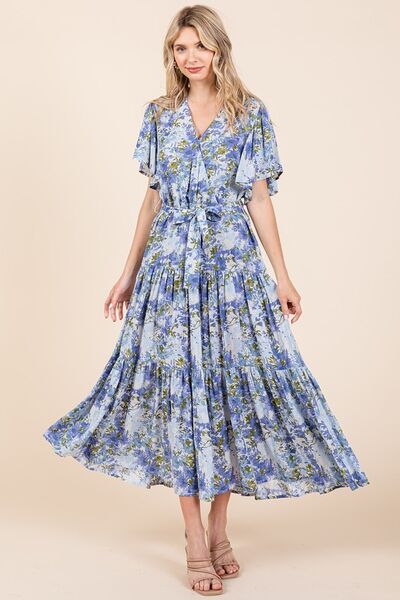 Mittoshop Floral Midi Dress Linen Blend Bow Tie Waist Flutter Sleeve Tiered Dusty Blue d3ba0a3e-8815-4347-b363-34939b0020b8-Min Trendsi