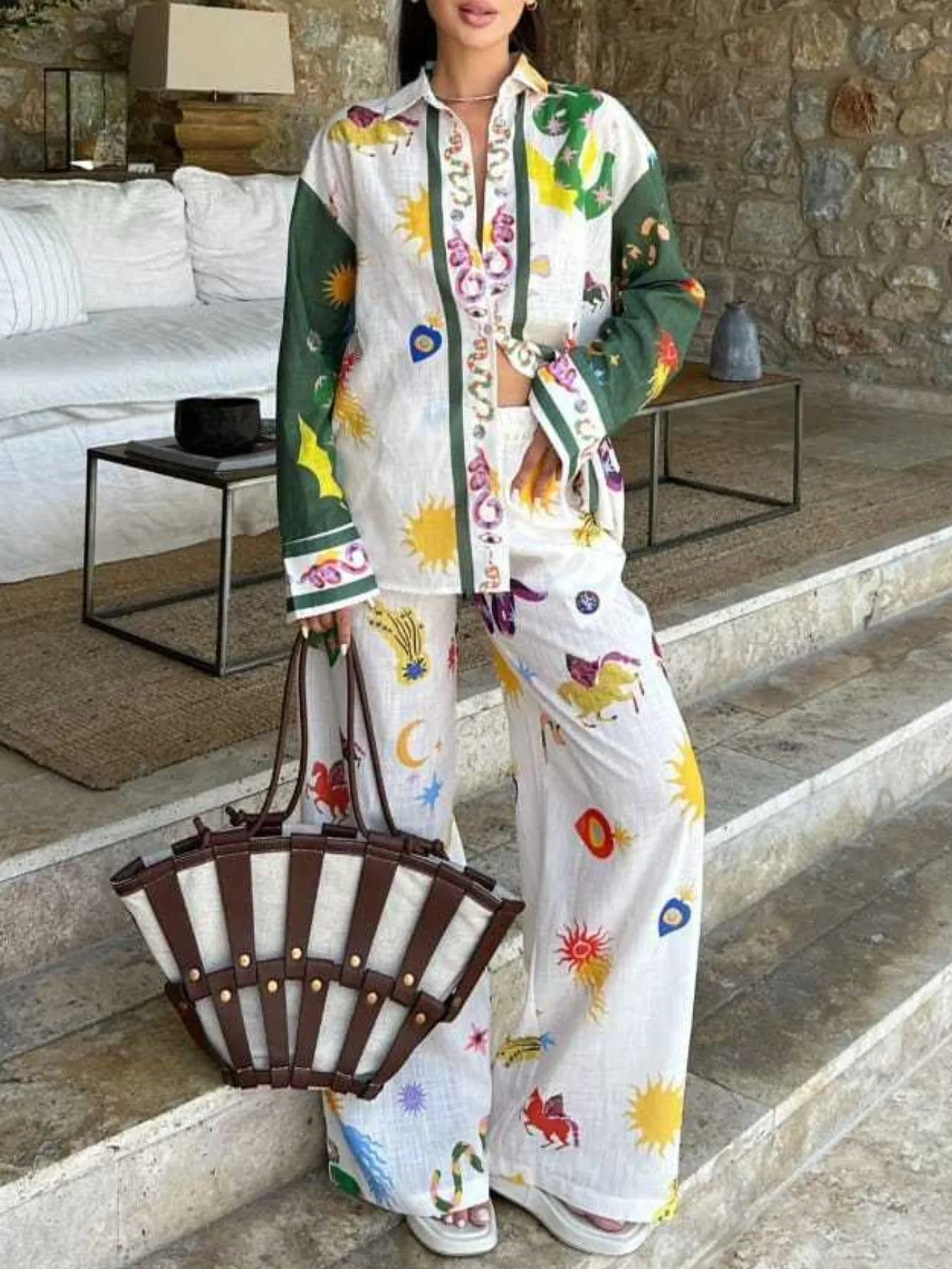 Women's Outfit Set Button Up Shirt and Wide Leg Pants White Summer Print 2 Pcs Multicolor d3bfe05a-a40a-4681-a53f-874c07352fec-Max-Origin Trendsi