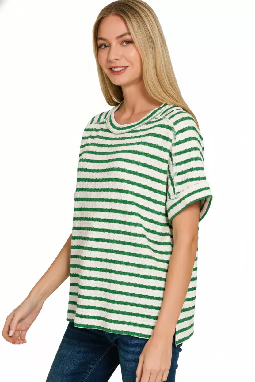 Zenana T-shirt Green Stripe Jacquard Round-Meck Top Tee d3c4c136-9063-45ac-a698-2354477ed6f5-Max-Origin Trendsi
