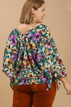 Umgee Blouse Green Floral Mix Print V-Neck Tie Long Sleeve Top Plus Sizes d3c685b5-dd8b-45e3-923b-4f3526c005cd-Min Trendsi