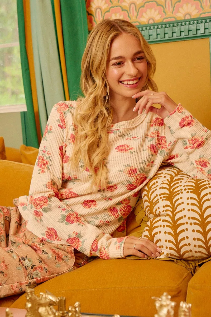 BiBi Womens Knit Top Floral Print Washed Waffle Thermal Blouse d3e00e1e93df4240a72dd0d46794e9f2-Max-Origin Trendsi