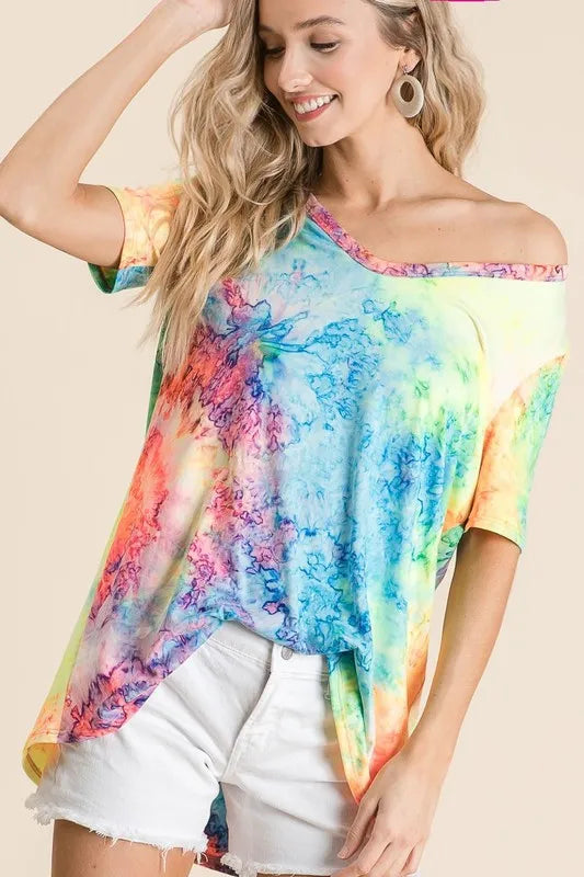 BiBi Tie Dye Print Jersey V Neck Top MULTI d3e62eb436c5485da6241853ac29ff37-Max-Origin Trendsi